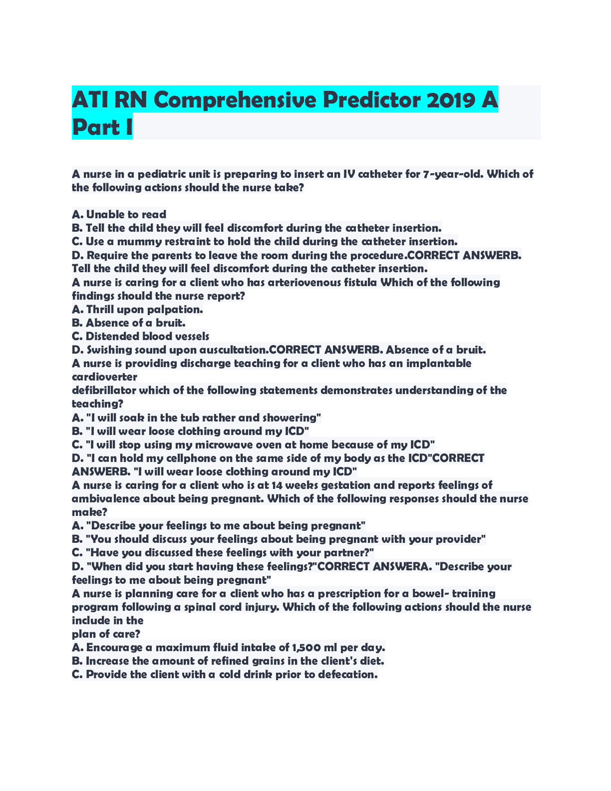 Preview image for ATI RN Comprehensive Predictor 2019 A Part I